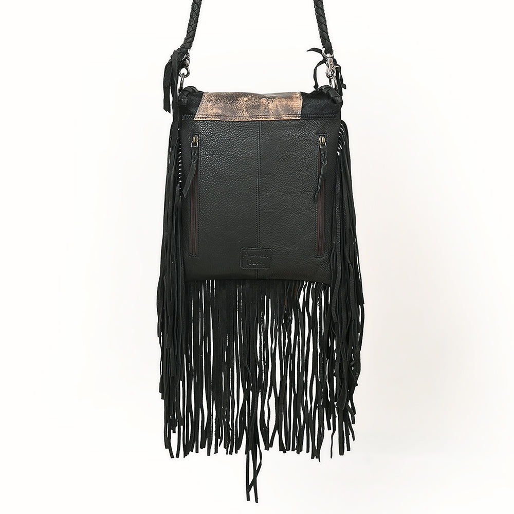 ADBGM549 Black Leather Fringe Messenger Bag - Western Braided Purse with Conchos & Distressed Flap