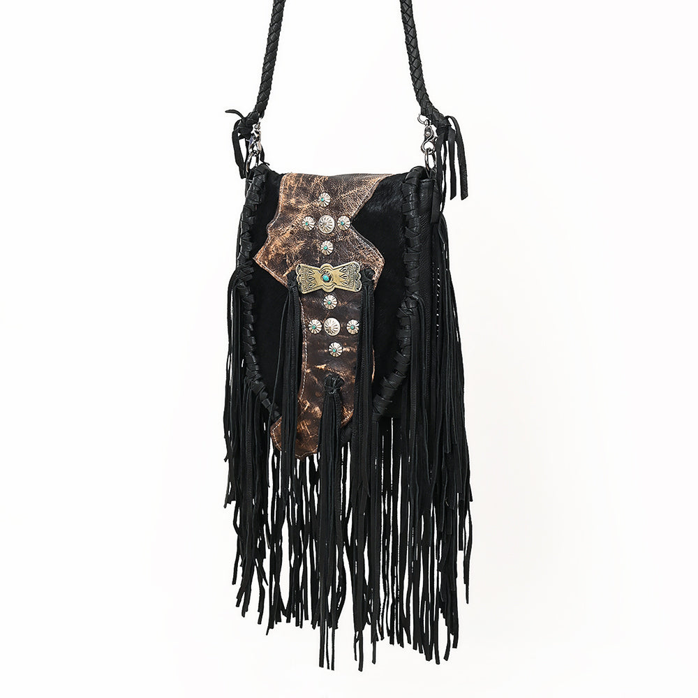 ADBGM549 Black Leather Fringe Messenger Bag - Western Braided Purse with Conchos & Distressed Flap