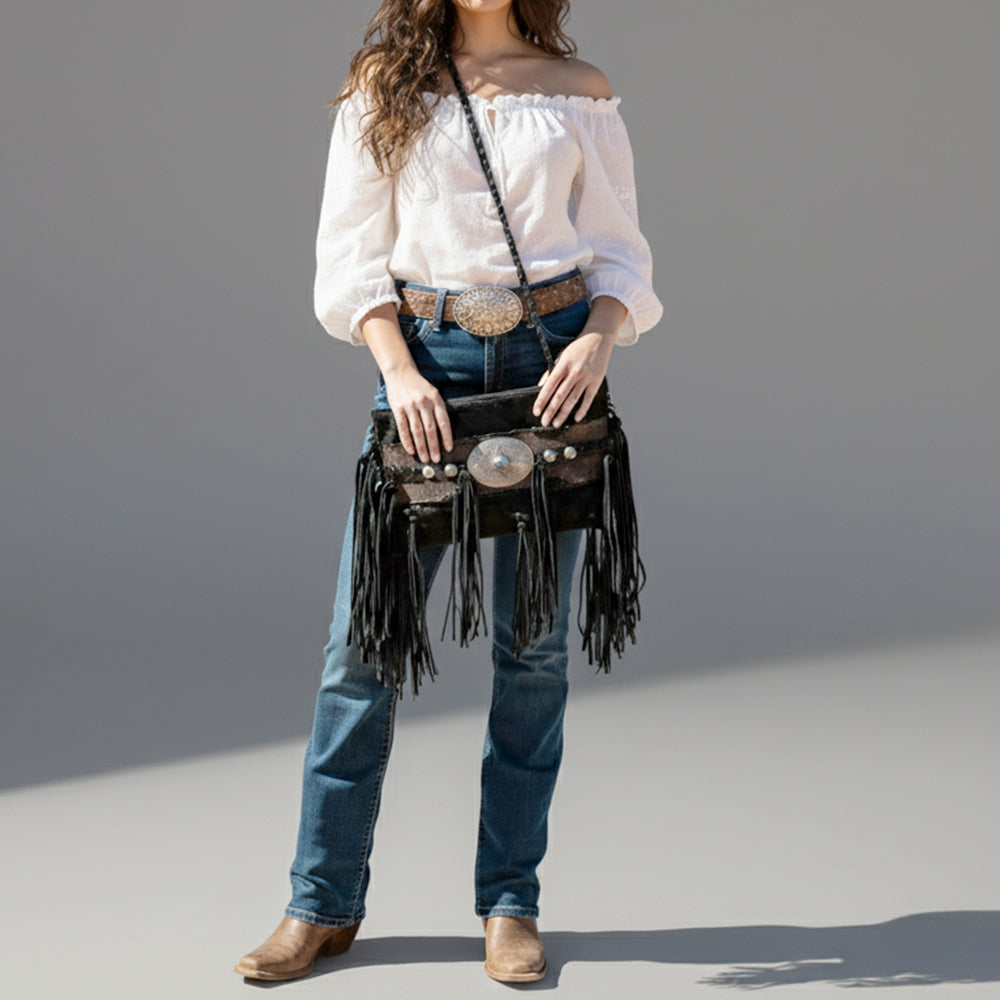 ADBGM550 Black Hair-On Leather Fringe Clutch - Western Crossbody with Turquoise Concho & Braided Trim