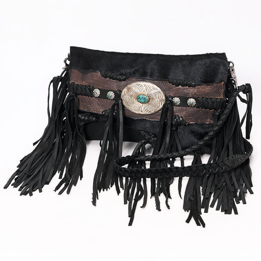 ADBGM550 Black Hair-On Leather Fringe Clutch - Western Crossbody with Turquoise Concho & Braided Trim