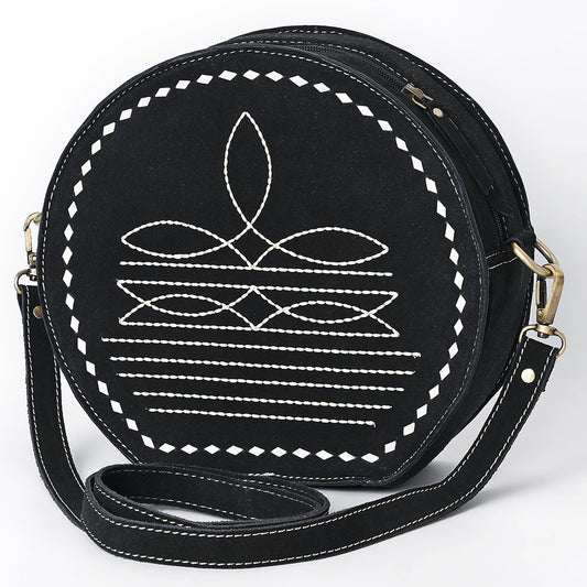 ADBGA682 Round Western Canteen Bag with White Rope Stitch Embroidery