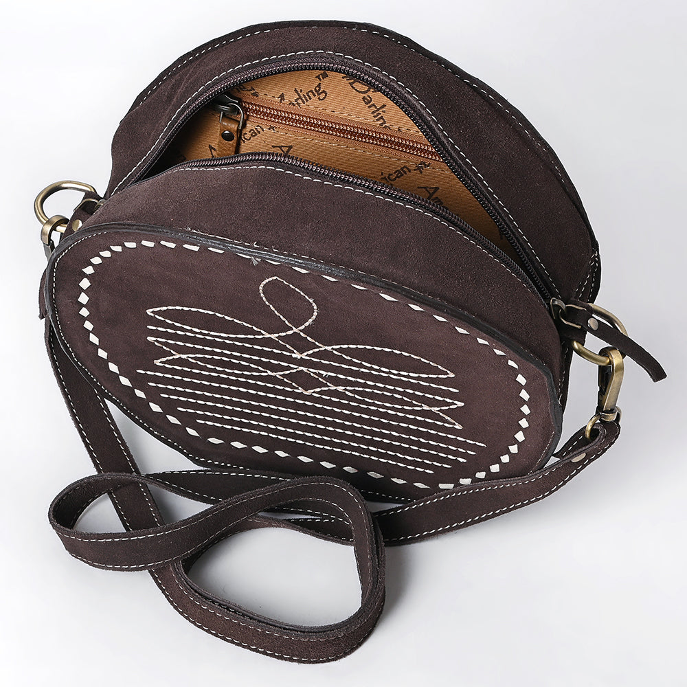 ADBGA682 Round Western Canteen Bag with White Rope Stitch Embroidery