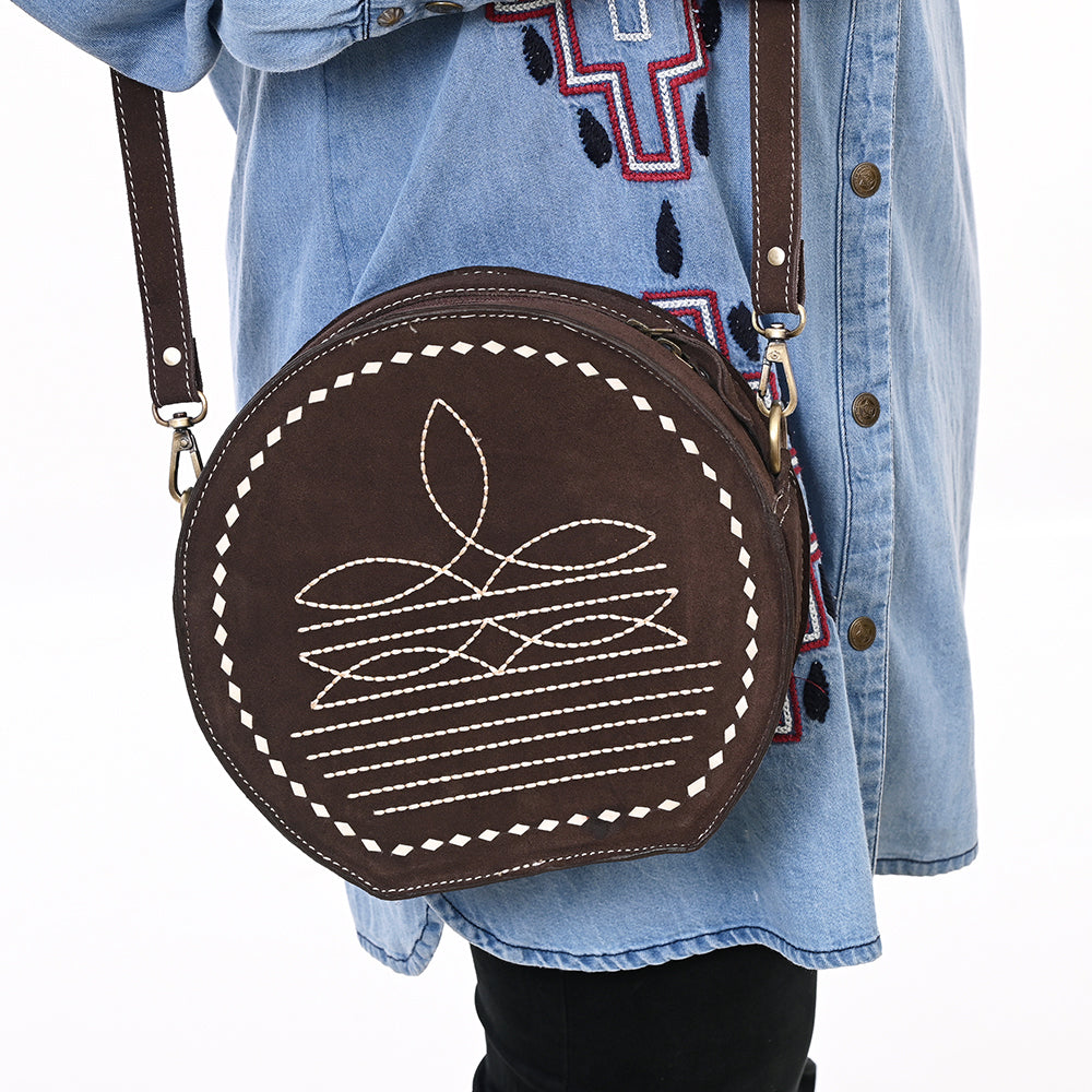 ADBGA682 Round Western Canteen Bag with White Rope Stitch Embroidery