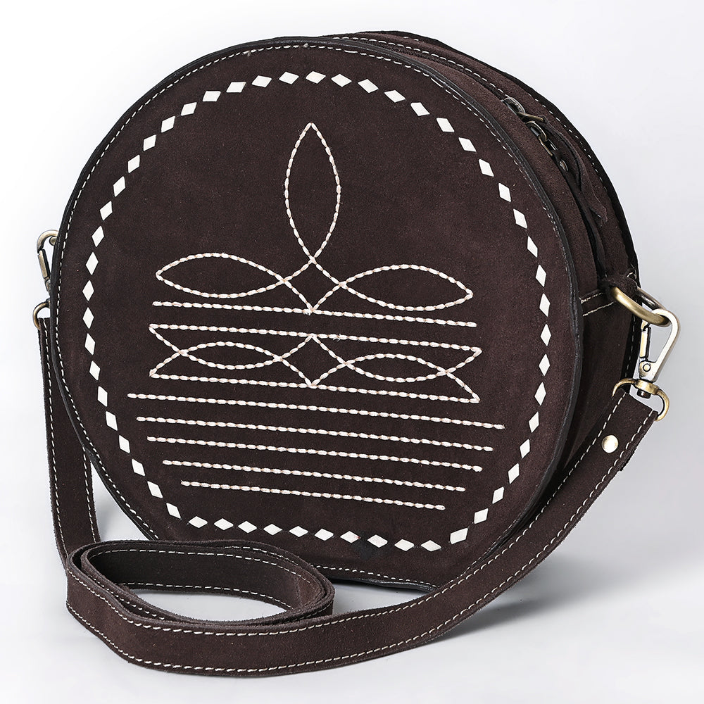 ADBGA682 Round Western Canteen Bag with White Rope Stitch Embroidery