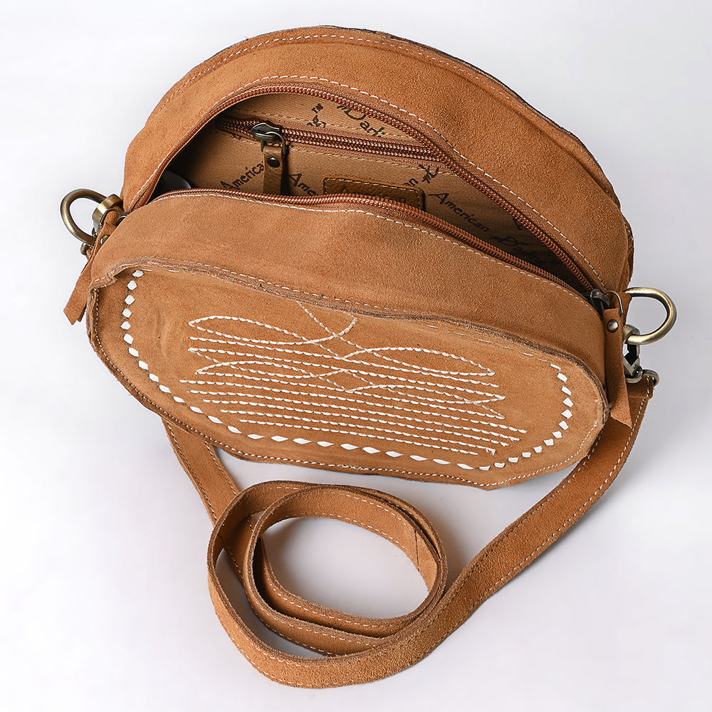 ADBGA682 Round Western Canteen Bag with White Rope Stitch Embroidery