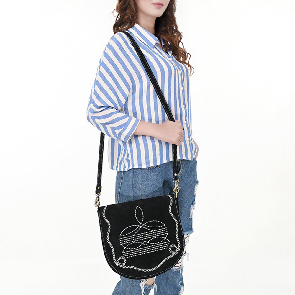 ADBGA684 Genuine suede Western Crossbody Bag with White Rope Embroidery