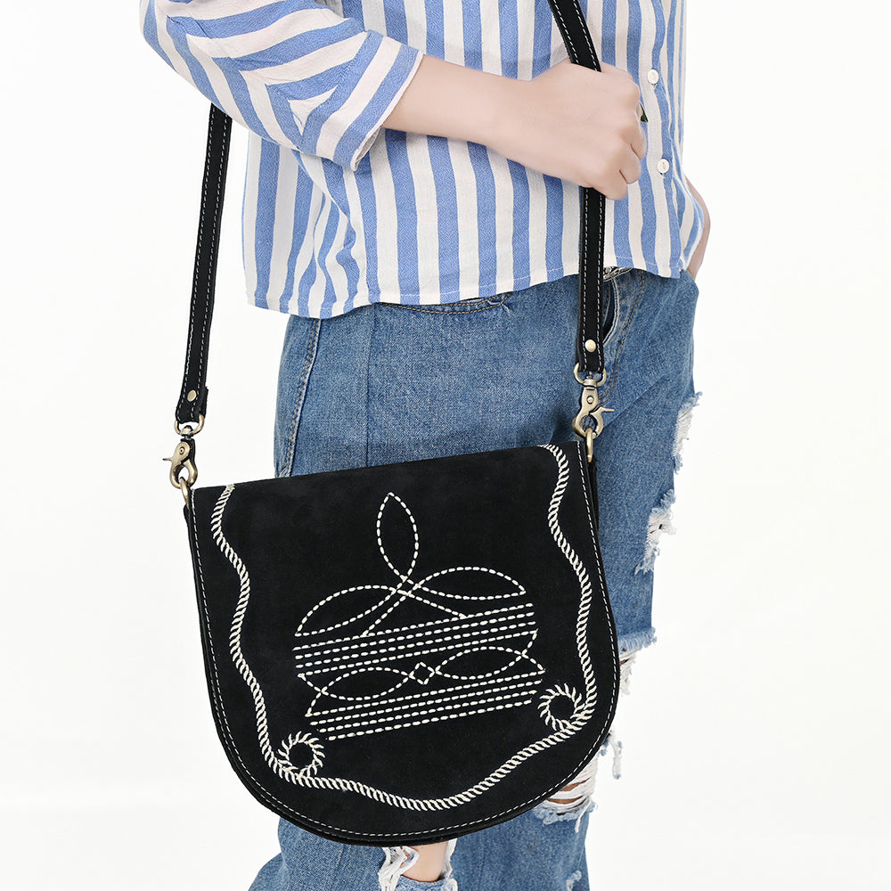 ADBGA684 Genuine suede Western Crossbody Bag with White Rope Embroidery