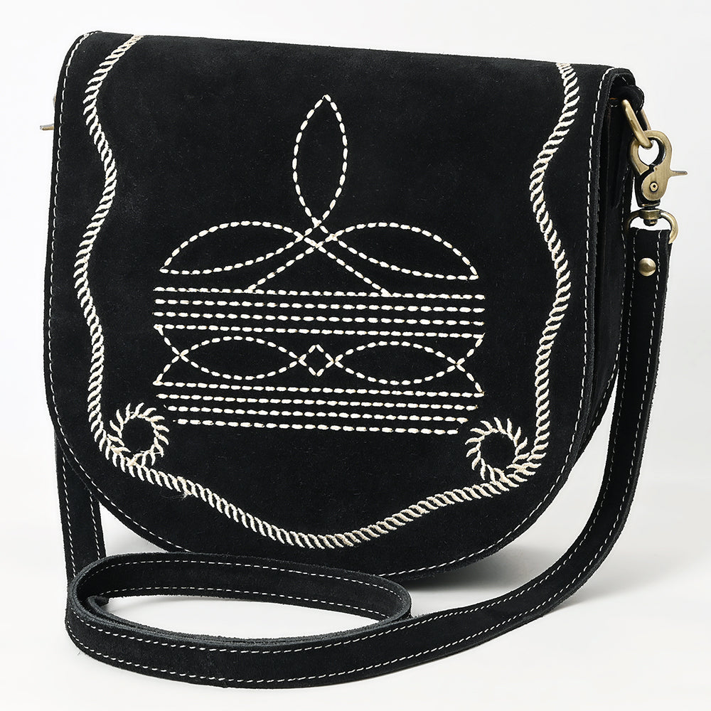 ADBGA684 Genuine suede Western Crossbody Bag with White Rope Embroidery