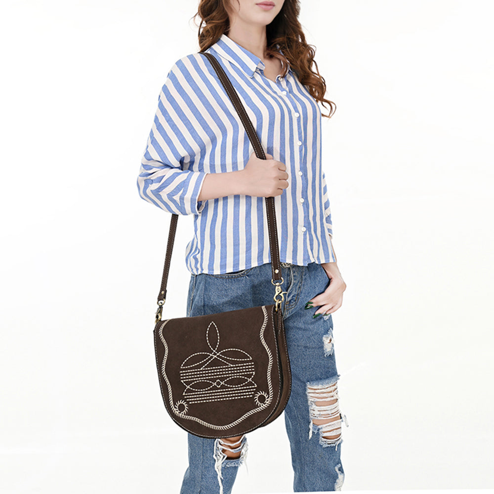ADBGA684 Genuine suede Western Crossbody Bag with White Rope Embroidery