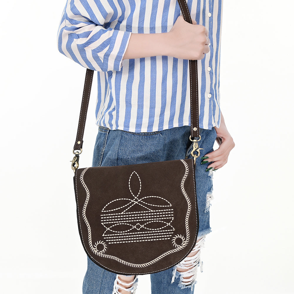 ADBGA684 Genuine suede Western Crossbody Bag with White Rope Embroidery