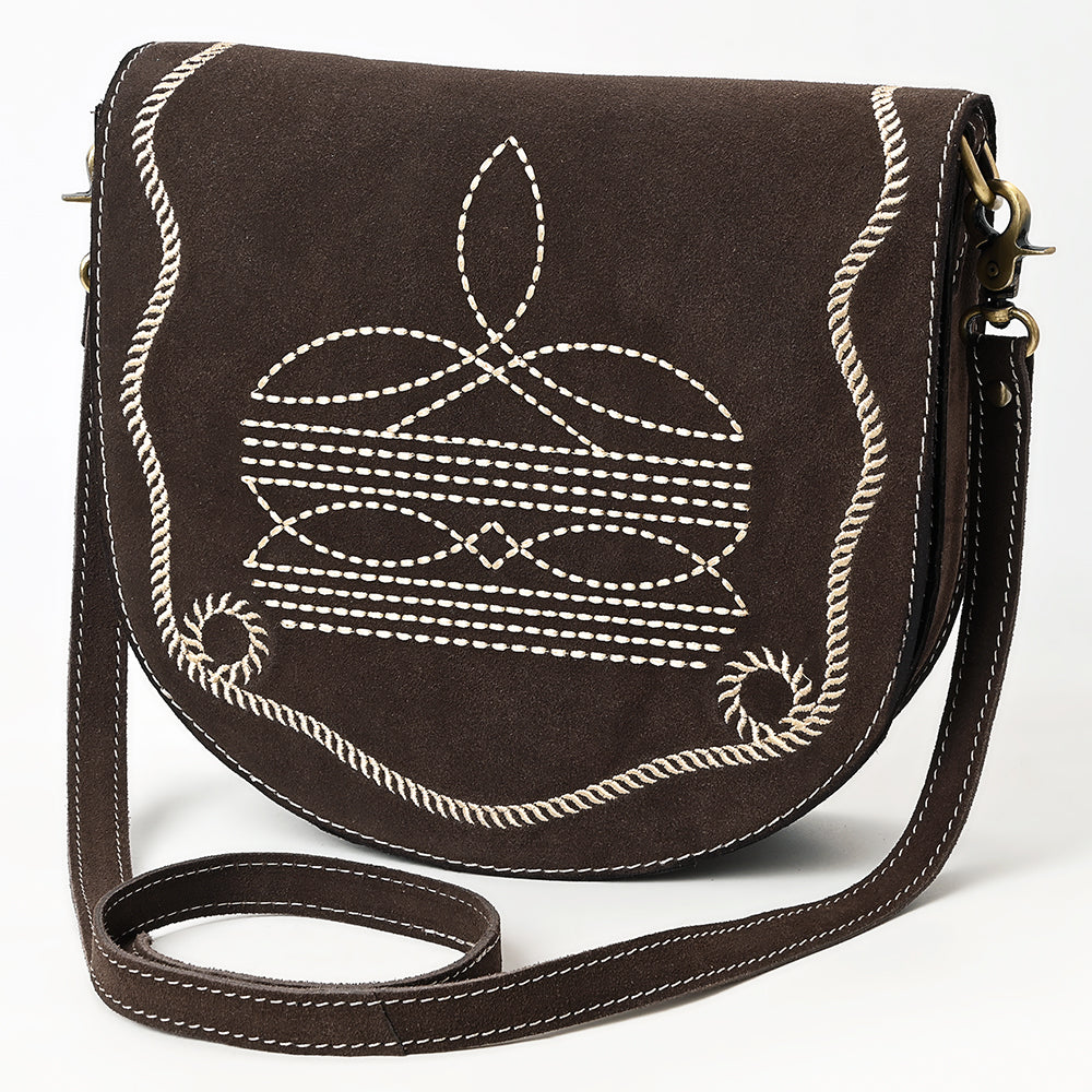 ADBGA684 Genuine suede Western Crossbody Bag with White Rope Embroidery
