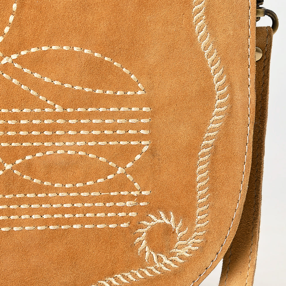 ADBGA684 Genuine suede Western Crossbody Bag with White Rope Embroidery