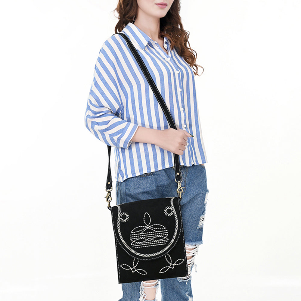 ADBGA685 Western Flap Crossbody Bag with White Rope & Floral Stitch Embroidery