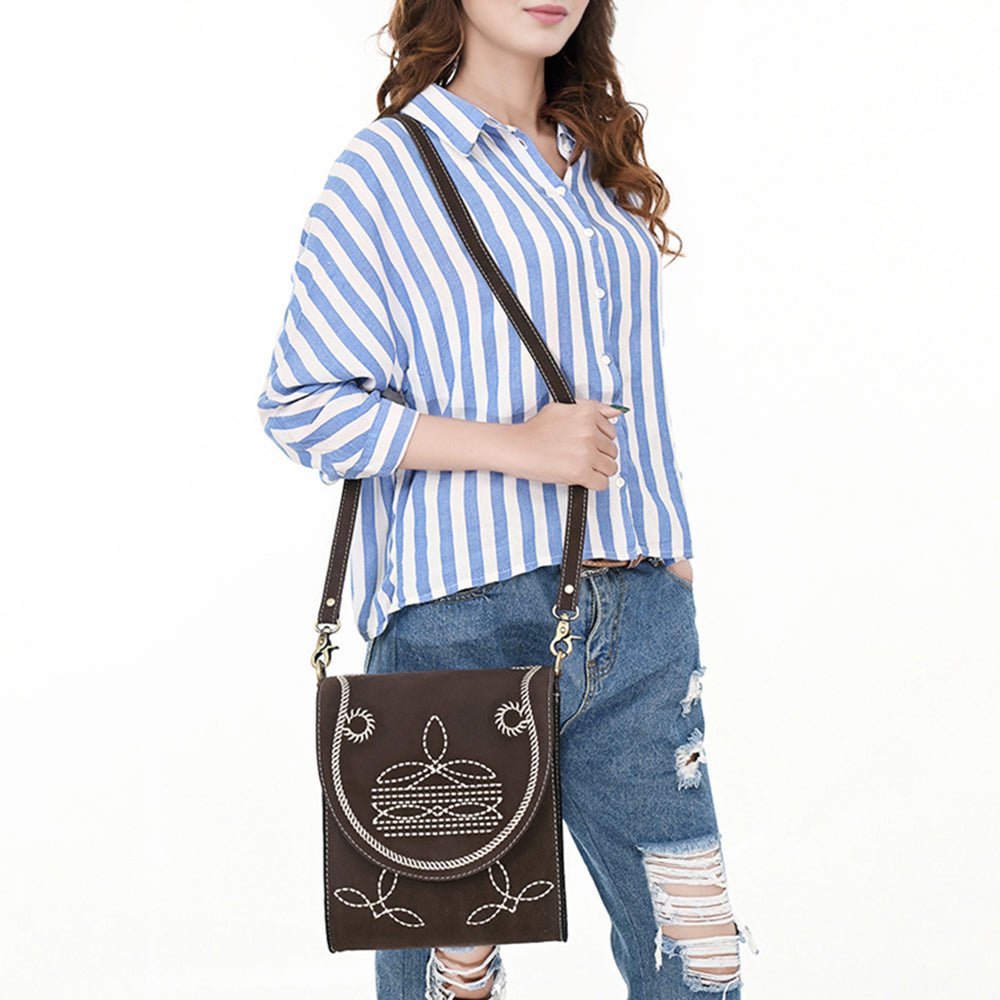 ADBGA685 Western Flap Crossbody Bag with White Rope & Floral Stitch Embroidery