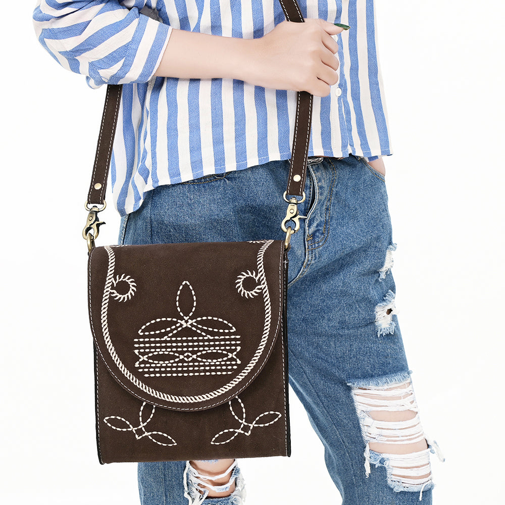 ADBGA685 Western Flap Crossbody Bag with White Rope & Floral Stitch Embroidery