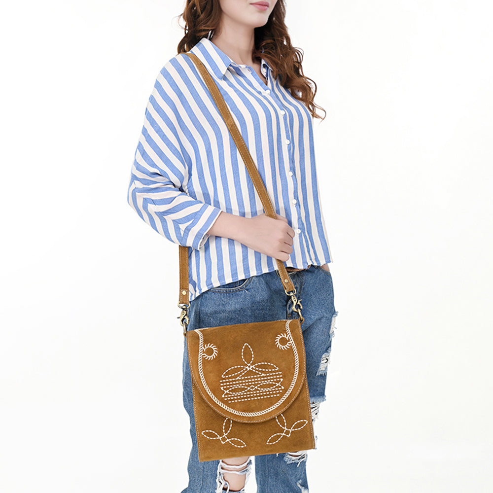 ADBGA685 Western Flap Crossbody Bag with White Rope & Floral Stitch Embroidery