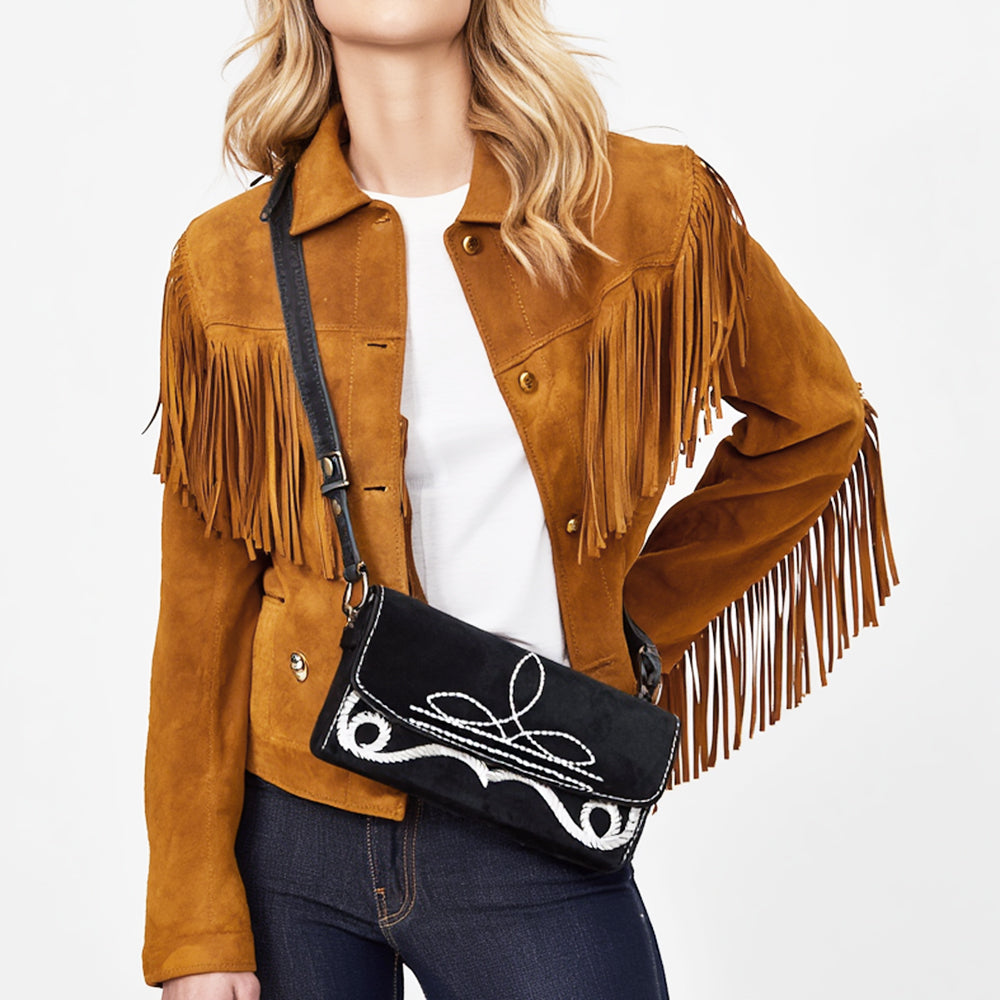 ADBGA686 Western Clutch Crossbody Bag with White Rope Stitch Embroidery