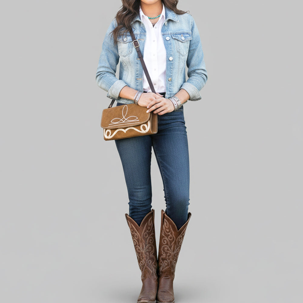 ADBGA686 Western Clutch Crossbody Bag with White Rope Stitch Embroidery