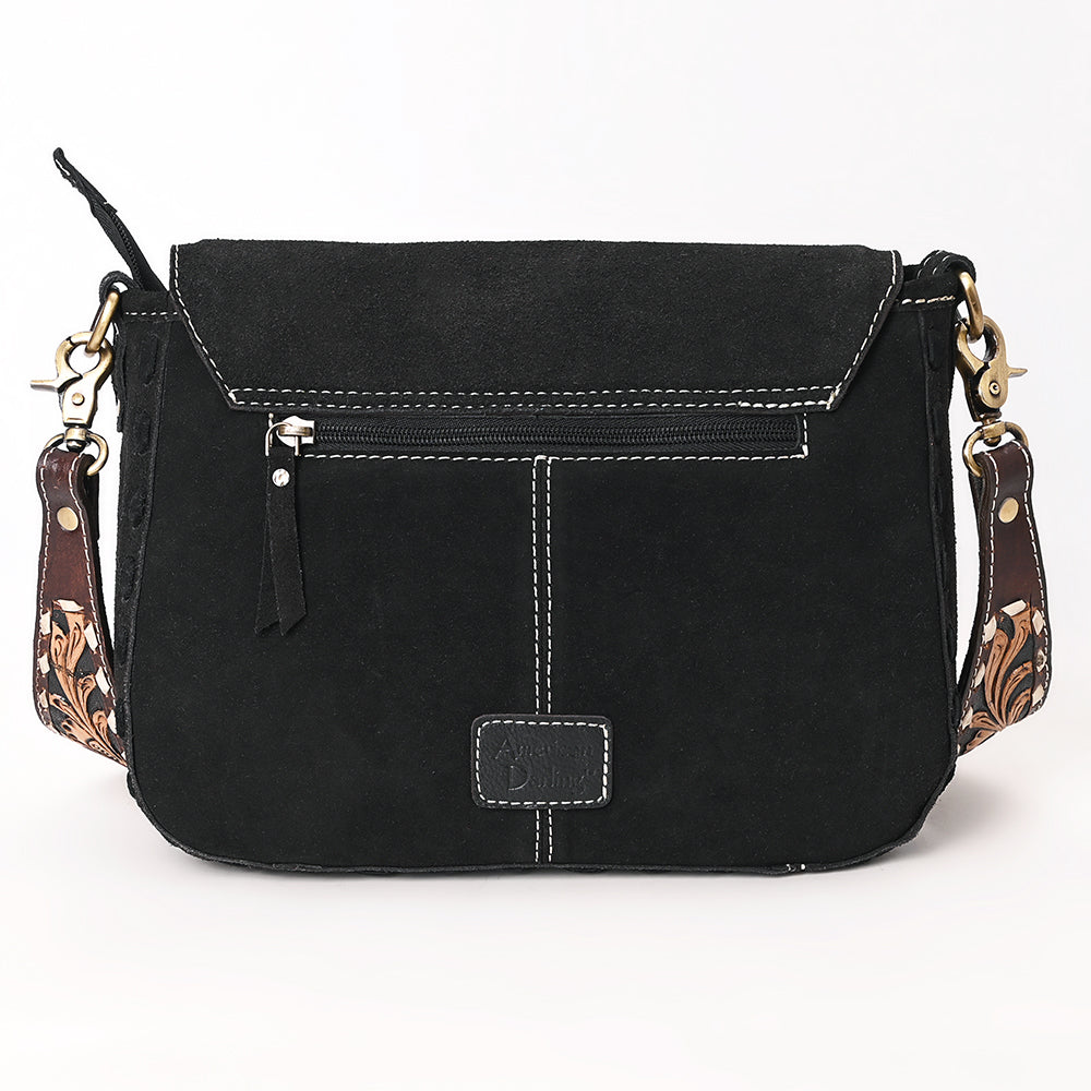 ADBGA687 Western Crossbody Flap Bag with Tooled Leather Strap & Rope Stitch Embroidery