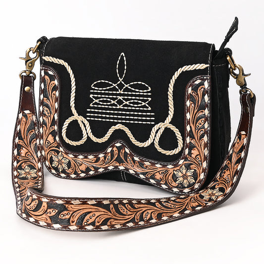 ADBGA687 Western Crossbody Flap Bag with Tooled Leather Strap & Rope Stitch Embroidery