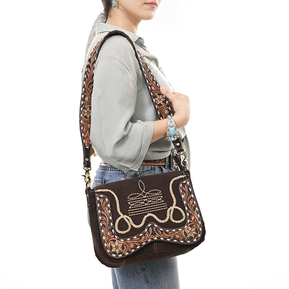 ADBGA687 Western Crossbody Flap Bag with Tooled Leather Strap & Rope Stitch Embroidery