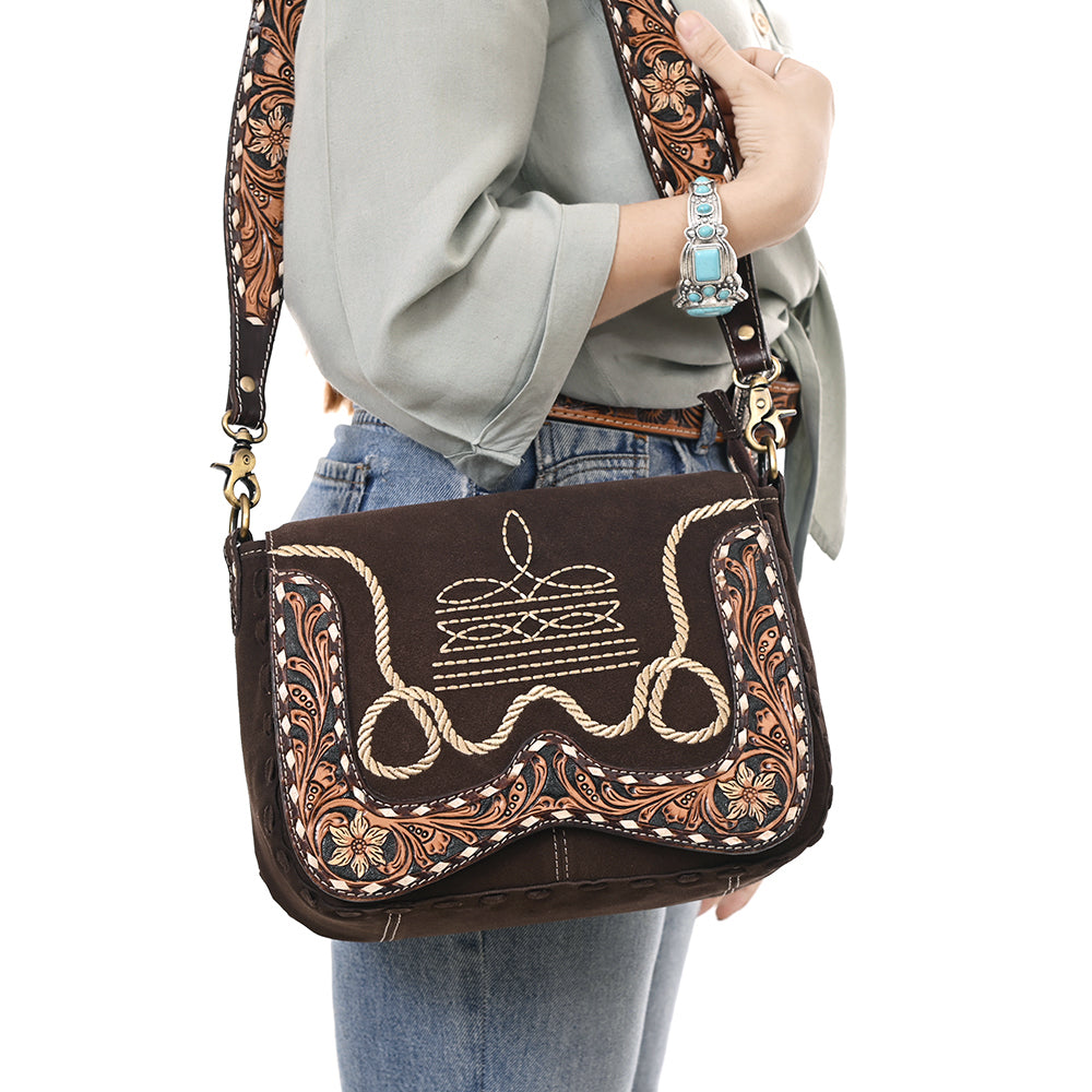 ADBGA687 Western Crossbody Flap Bag with Tooled Leather Strap & Rope Stitch Embroidery