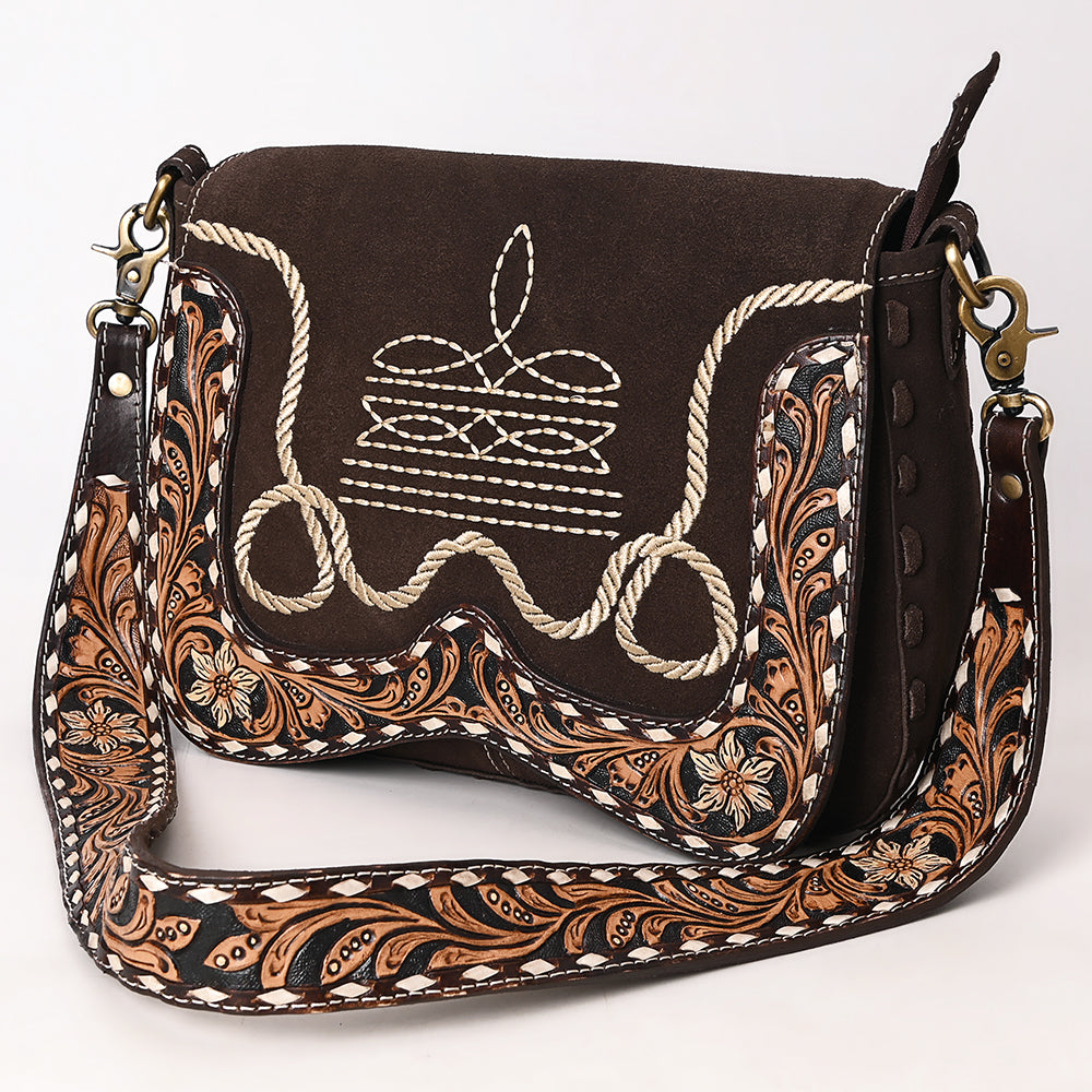 ADBGA687 Western Crossbody Flap Bag with Tooled Leather Strap & Rope Stitch Embroidery