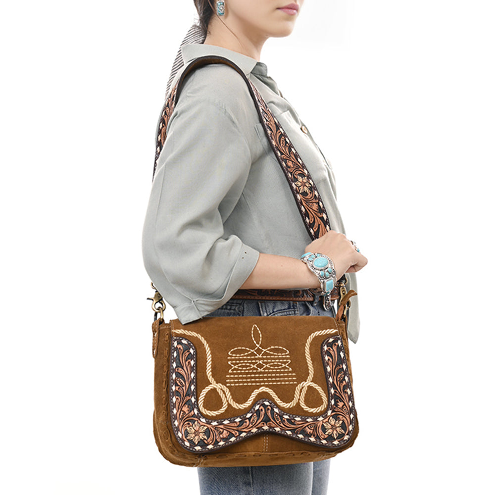 ADBGA687 Western Crossbody Flap Bag with Tooled Leather Strap & Rope Stitch Embroidery