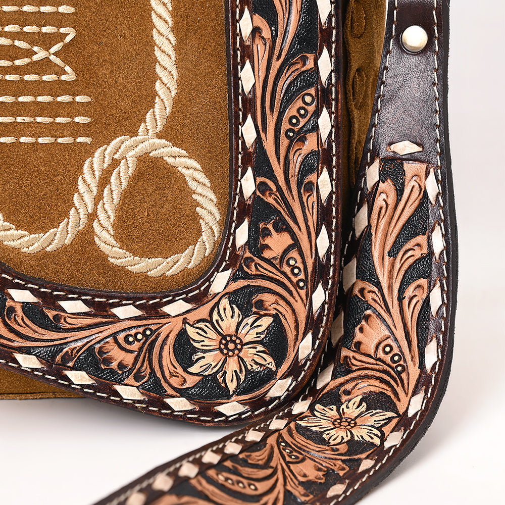 ADBGA687 Western Crossbody Flap Bag with Tooled Leather Strap & Rope Stitch Embroidery