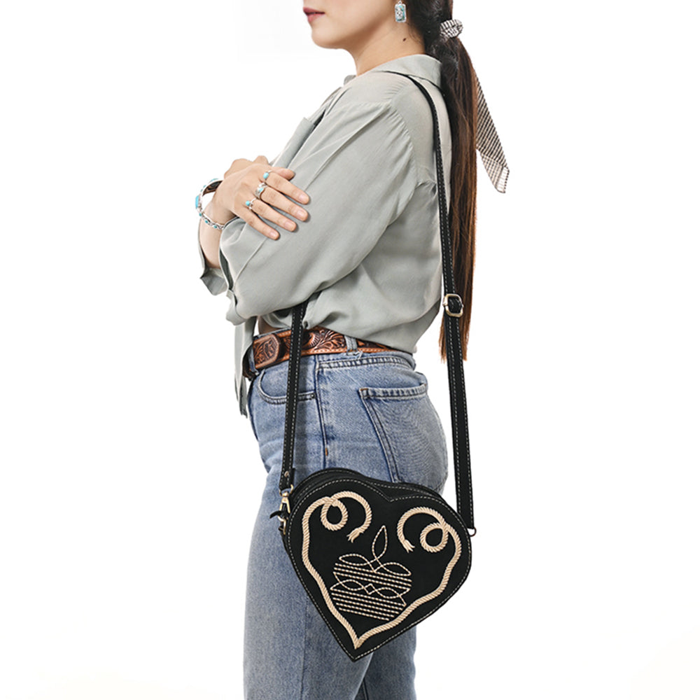 ADBGA688 Genuine suede Heart-Shaped Crossbody Canteen Bag with Western Rope Embroidery