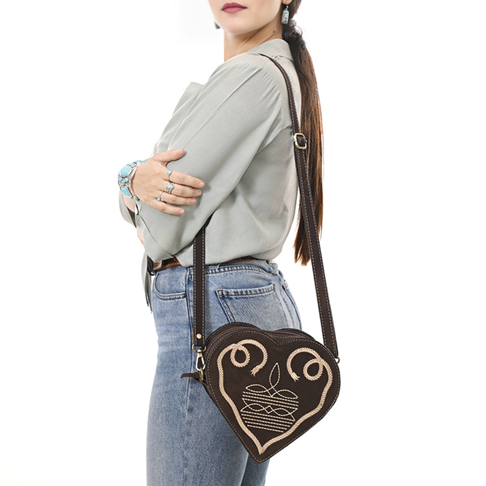 ADBGA688 Genuine suede Heart-Shaped Crossbody Canteen Bag with Western Rope Embroidery