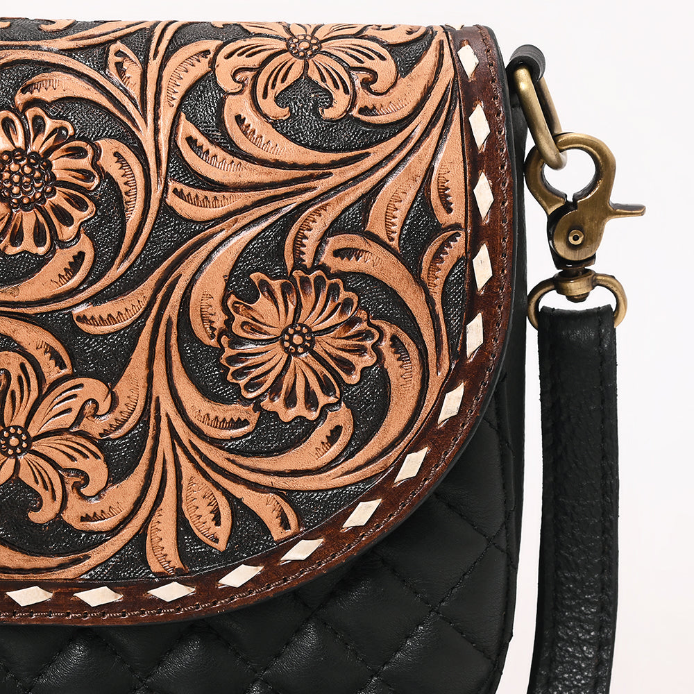 ADBGA690 Tooled Leather Flap Quilted Black Crossbody Bag-Western Floral Design