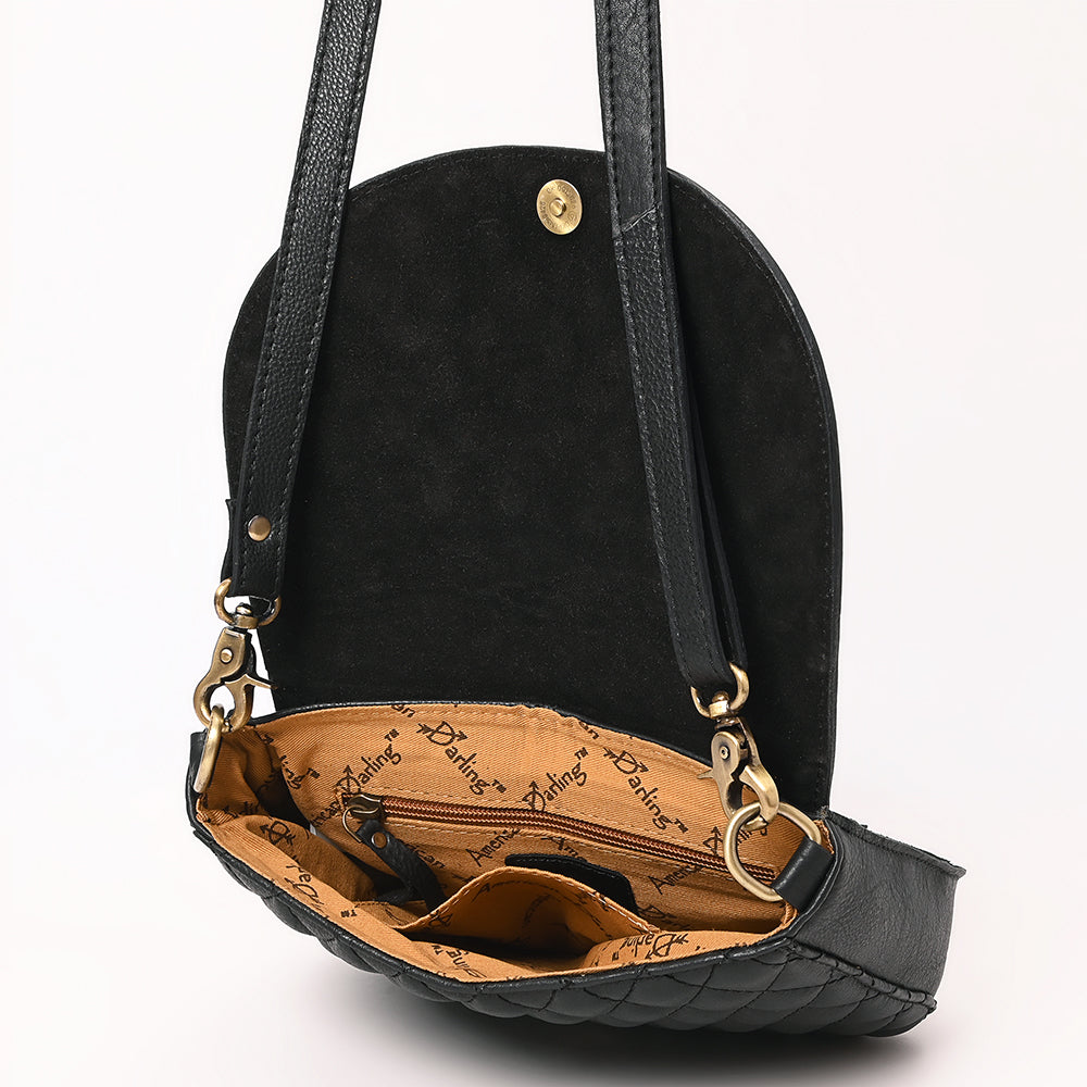 ADBGA690 Tooled Leather Flap Quilted Black Crossbody Bag-Western Floral Design