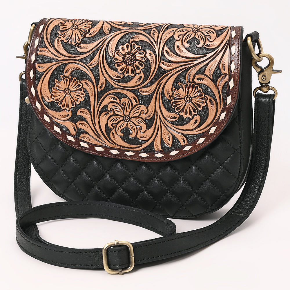 ADBGA690 Tooled Leather Flap Quilted Black Crossbody Bag-Western Floral Design