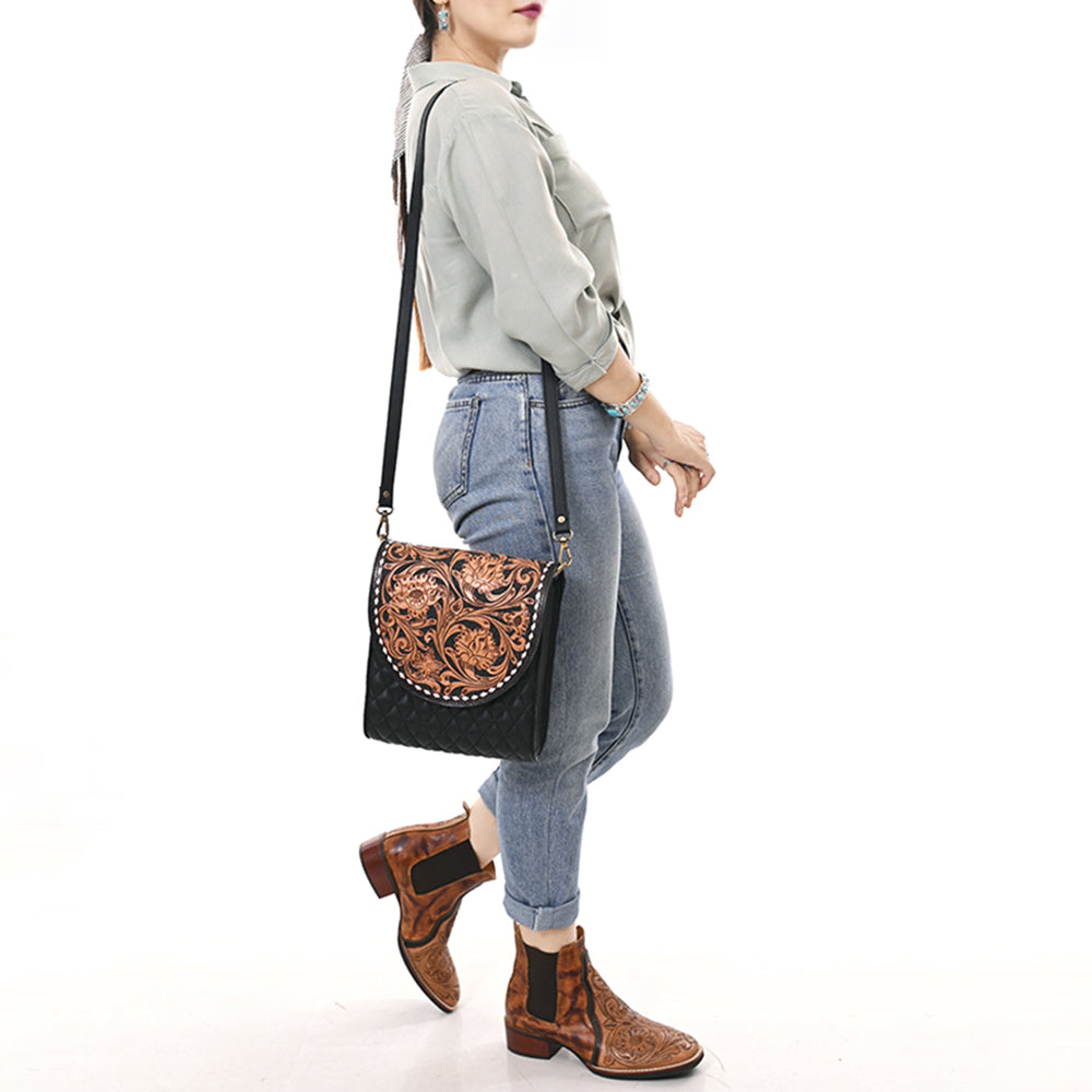 ADBGA691 Vertical Black Quilted Crossbody Bag with Floral Tooled Leather Flap