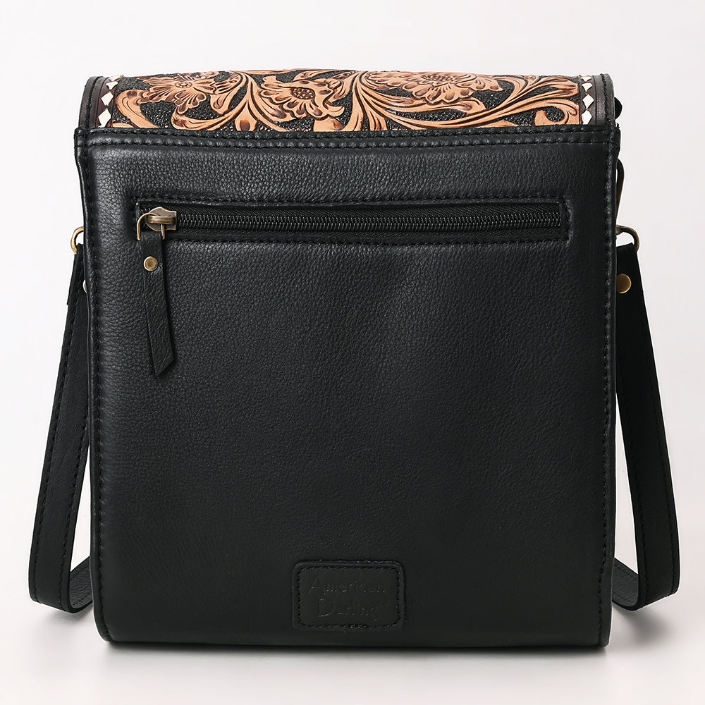 ADBGA691 Vertical Black Quilted Crossbody Bag with Floral Tooled Leather Flap