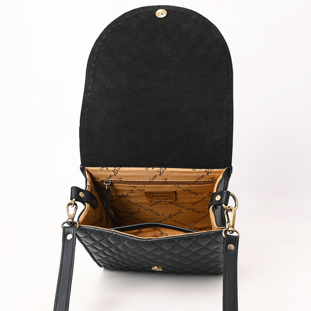 ADBGA691 Vertical Black Quilted Crossbody Bag with Floral Tooled Leather Flap