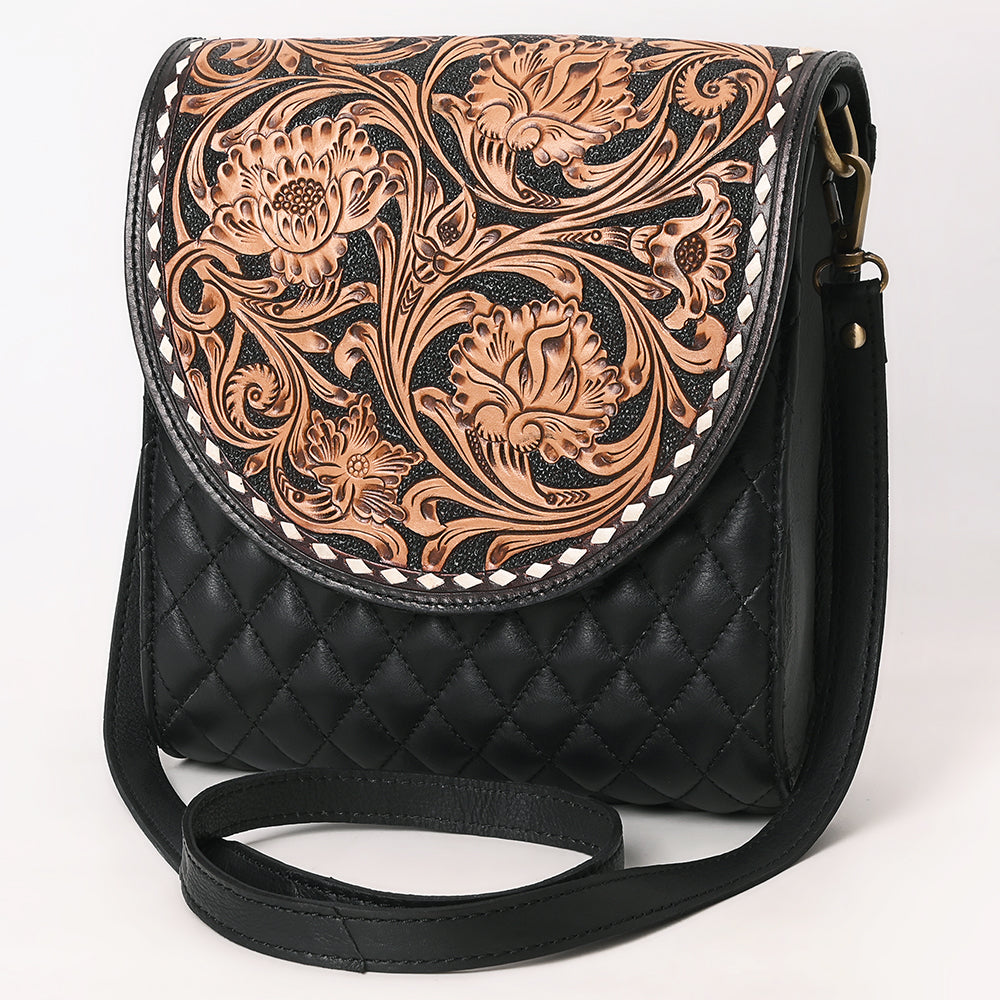 ADBGA691 Vertical Black Quilted Crossbody Bag with Floral Tooled Leather Flap