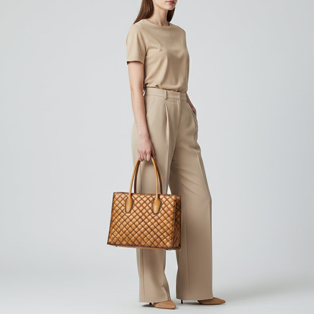 ADBGM525 Quilted Tan Leather Tote Bag - Western-Style Structured Cowgirl Handbag