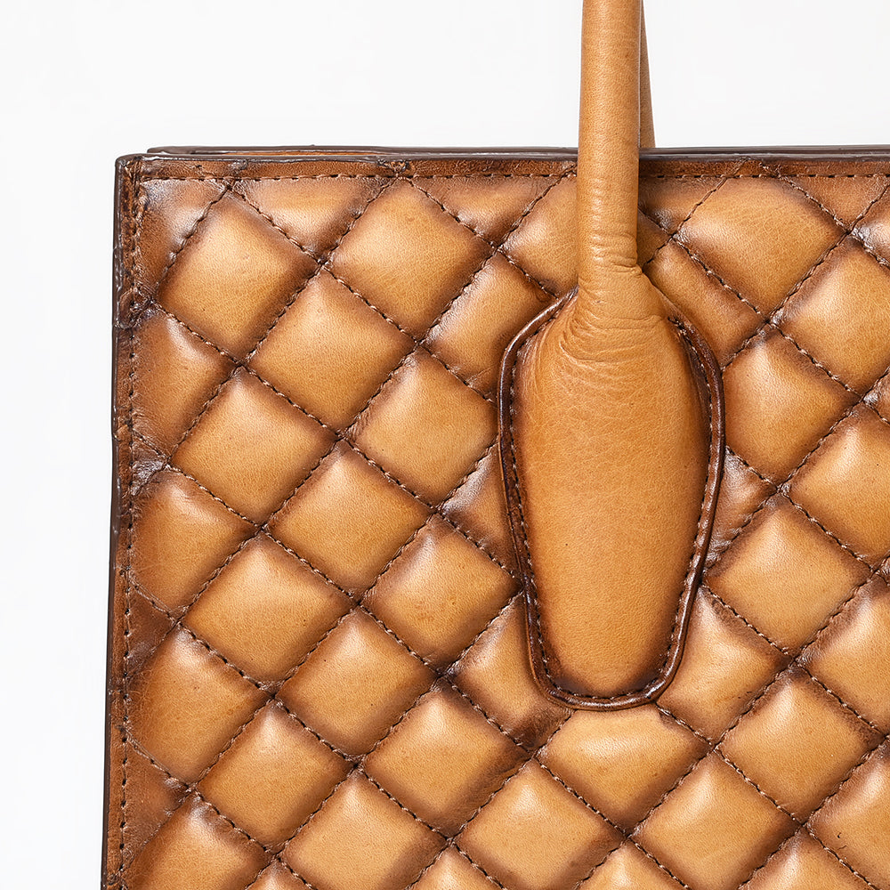 ADBGM525 Quilted Tan Leather Tote Bag - Western-Style Structured Cowgirl Handbag