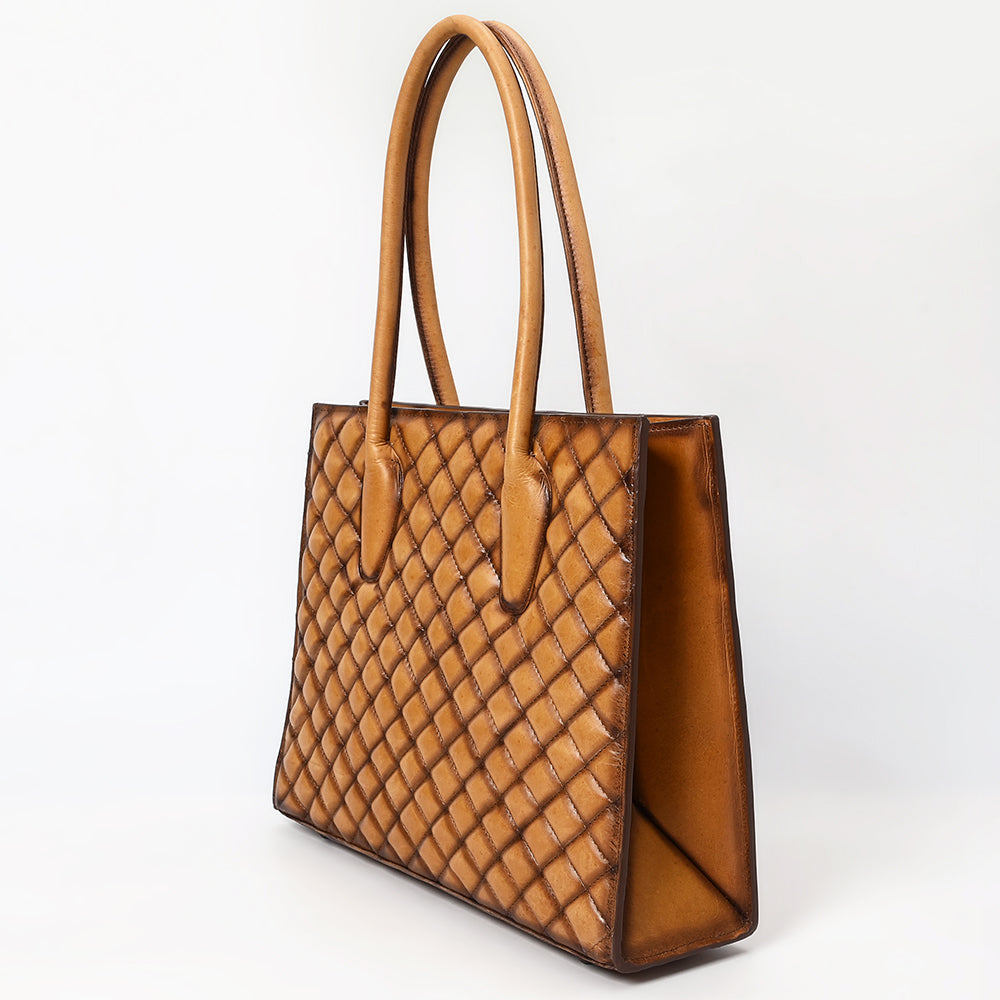 ADBGM525 Quilted Tan Leather Tote Bag - Western-Style Structured Cowgirl Handbag