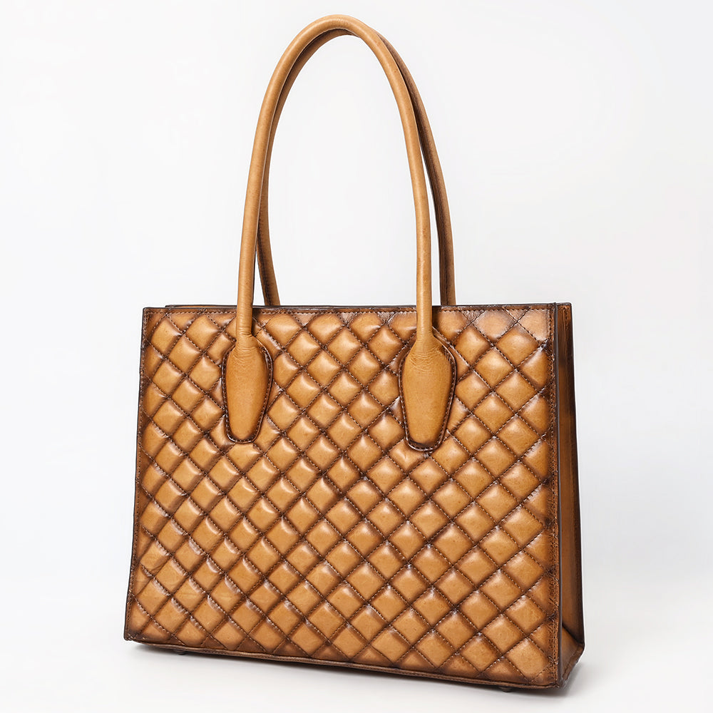 ADBGM525 Quilted Tan Leather Tote Bag - Western-Style Structured Cowgirl Handbag