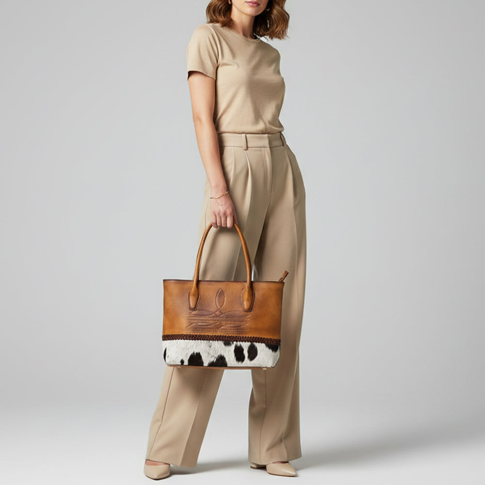 ADBGM526 Two-Tone Cowhide & Tooled Leather Tote - Western Handbag with Braided Trim