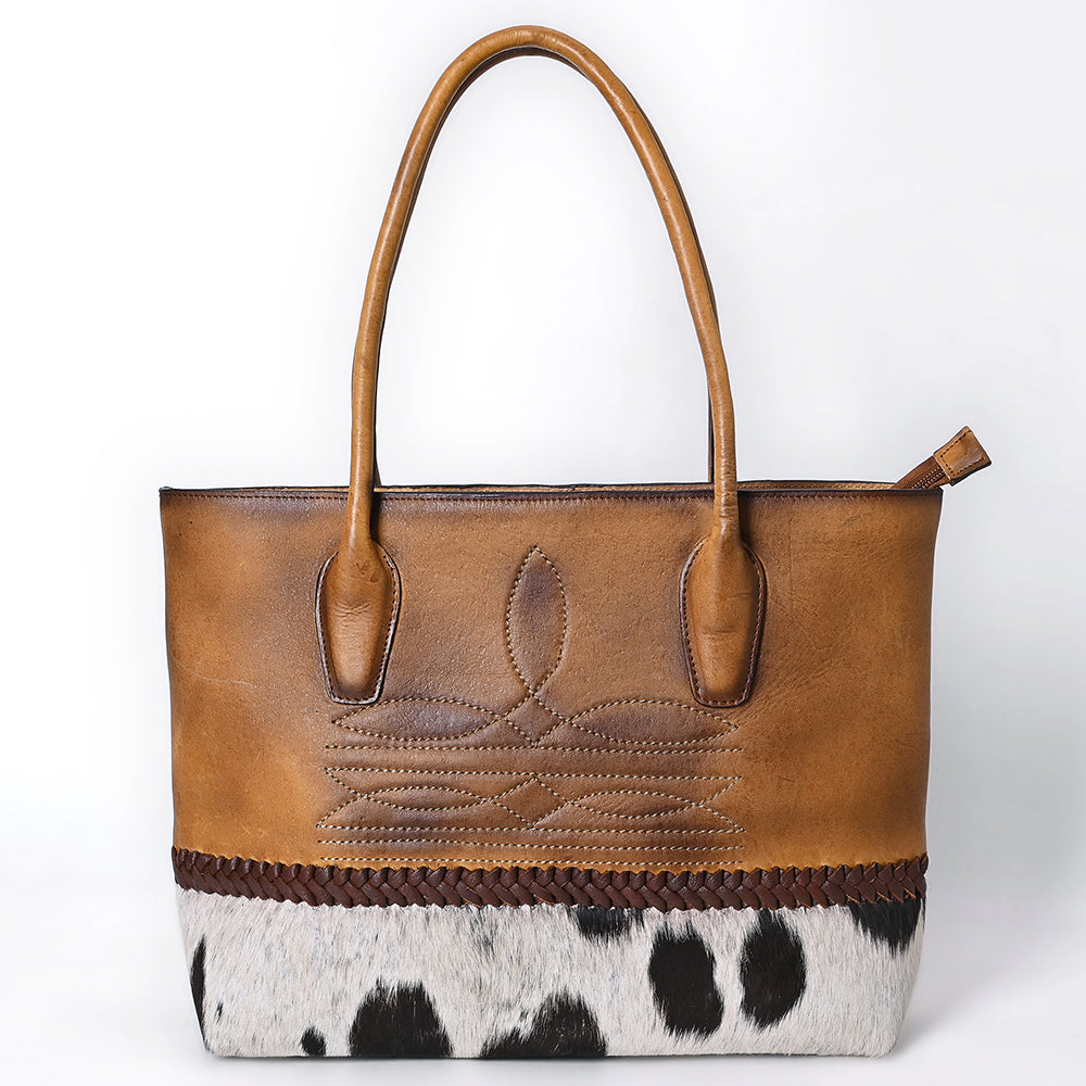 ADBGM526 Two-Tone Cowhide & Tooled Leather Tote - Western Handbag with Braided Trim