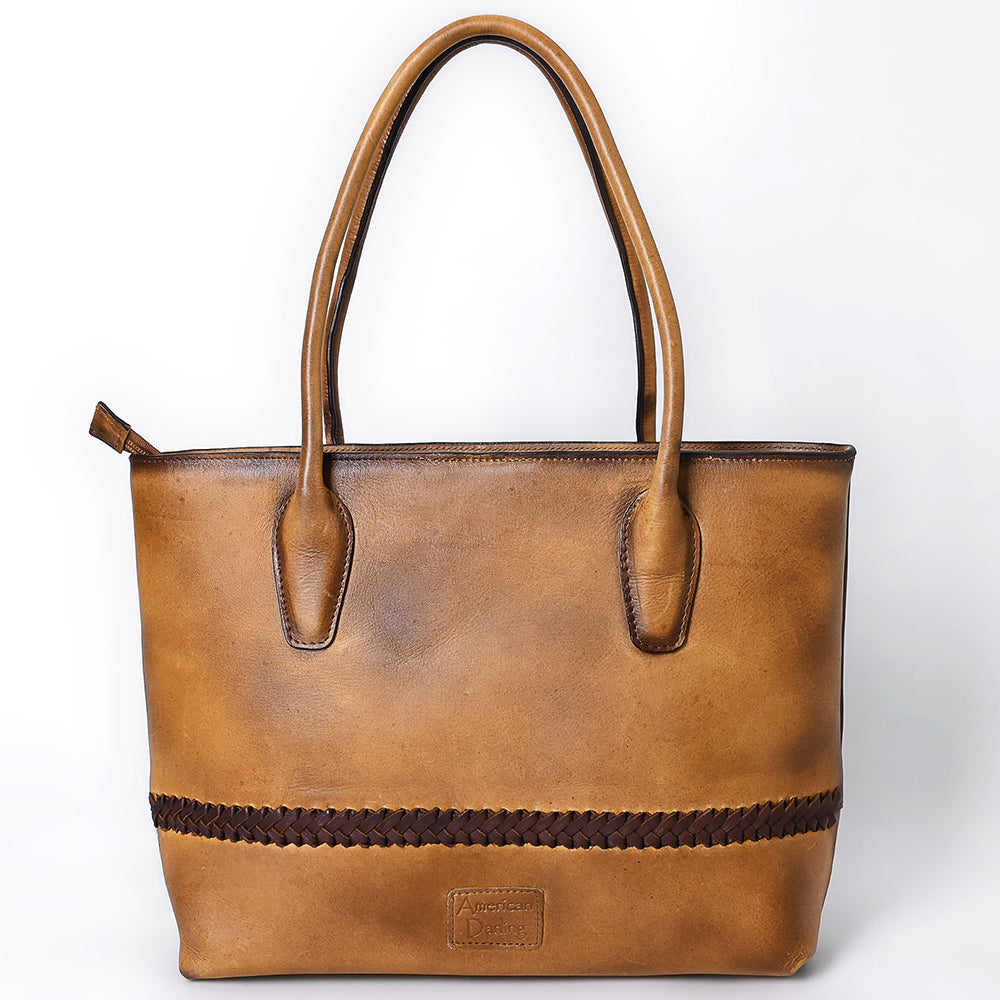 ADBGM526 Two-Tone Cowhide & Tooled Leather Tote - Western Handbag with Braided Trim