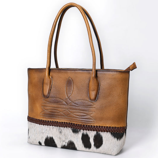 ADBGM526 Two-Tone Cowhide & Tooled Leather Tote - Western Handbag with Braided Trim