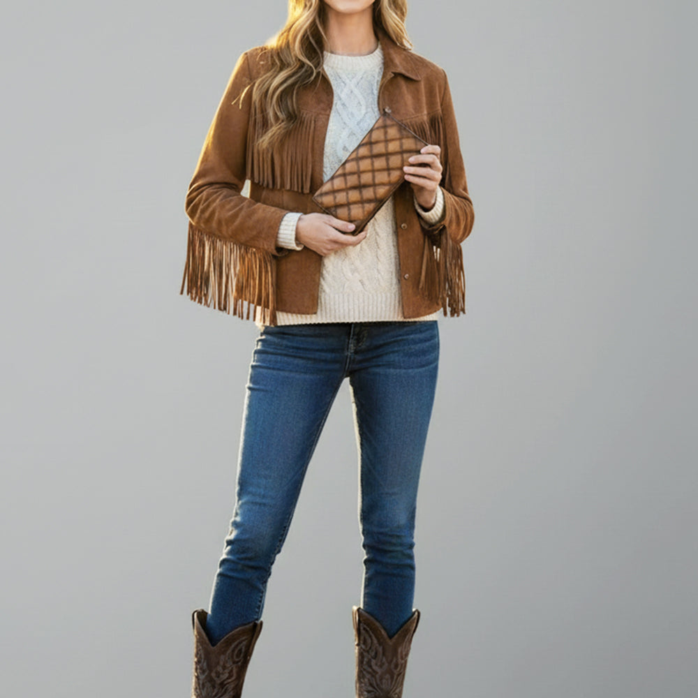 ADBGM530A Quilted Tan Leather Rodeo Wallet - Western Long Checkbook Bifold for Men