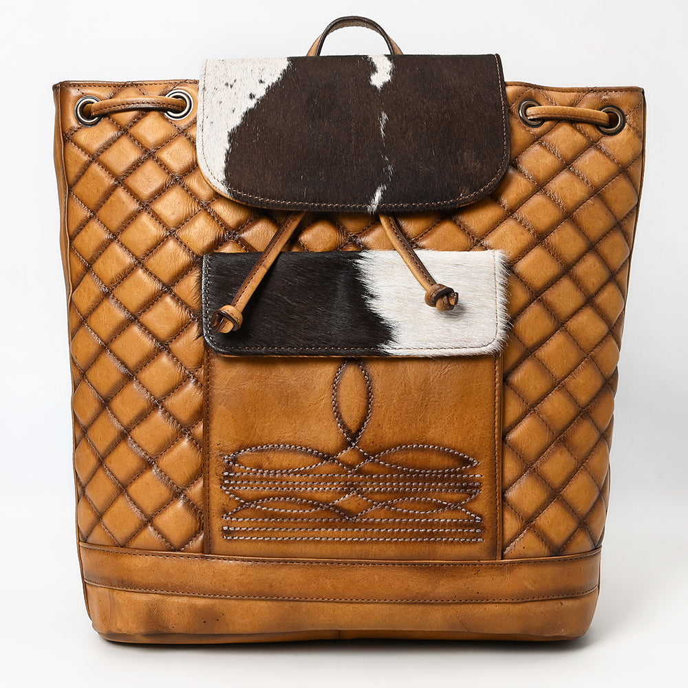 ADBGM536 Quilted Leather & Cowhide Western Backpack - Handcrafted Drawstring Rodeo Bag