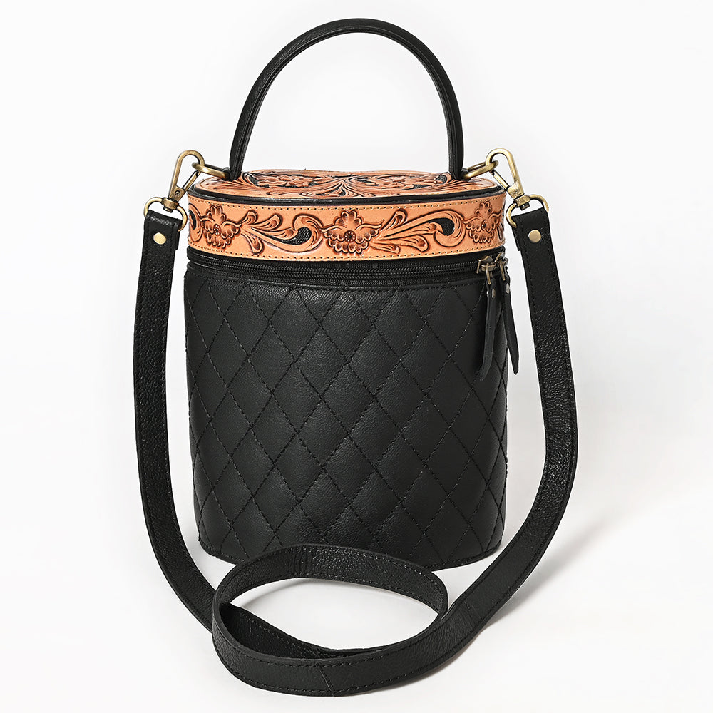 ADBGA698 Black Quilted Barrel Crossbody Bag with Tooled Floral Leather Top