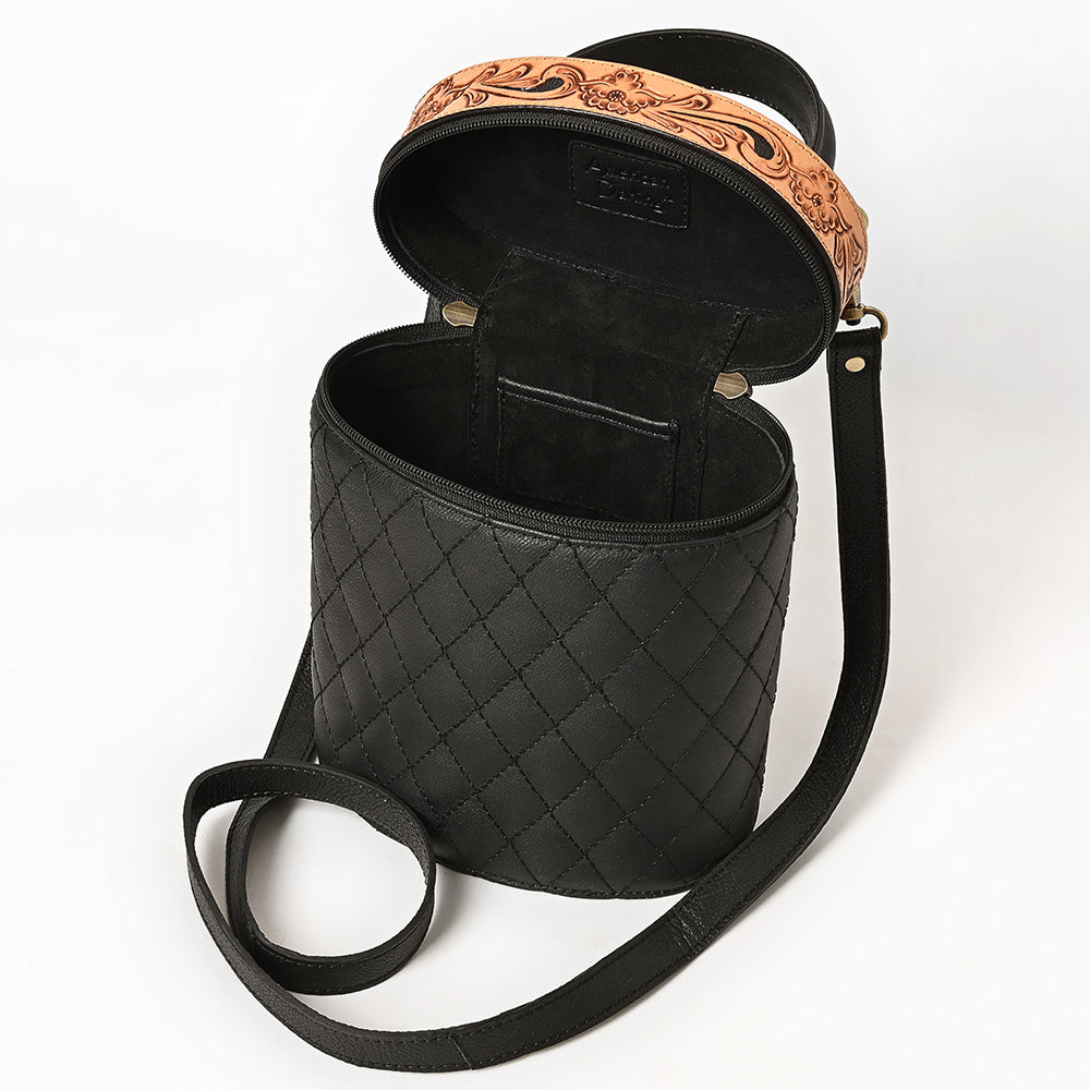 ADBGA698 Black Quilted Barrel Crossbody Bag with Tooled Floral Leather Top